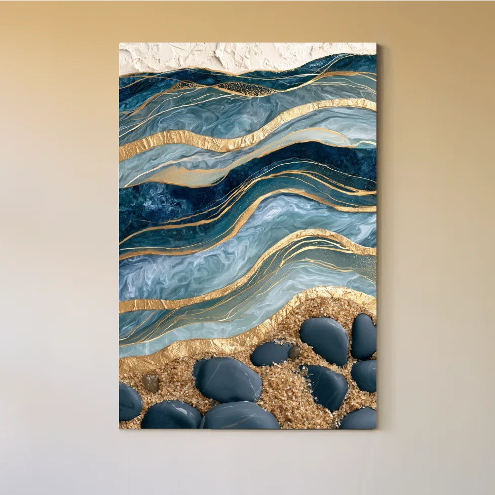 Abstract Layered Geological Strata - Gold Veined Stone Wall Art