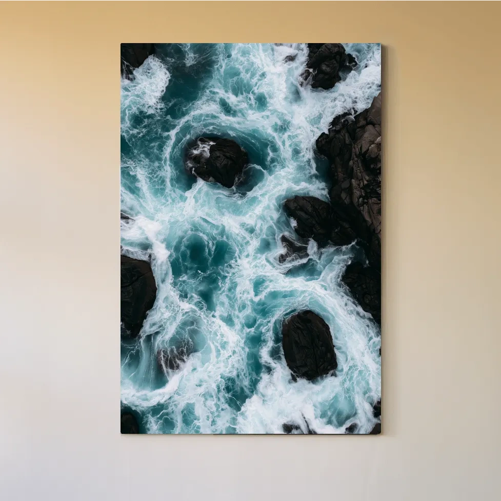 Aerial Crashing Waves Over Rocky Shore - Dramatic Photographic Wall Art