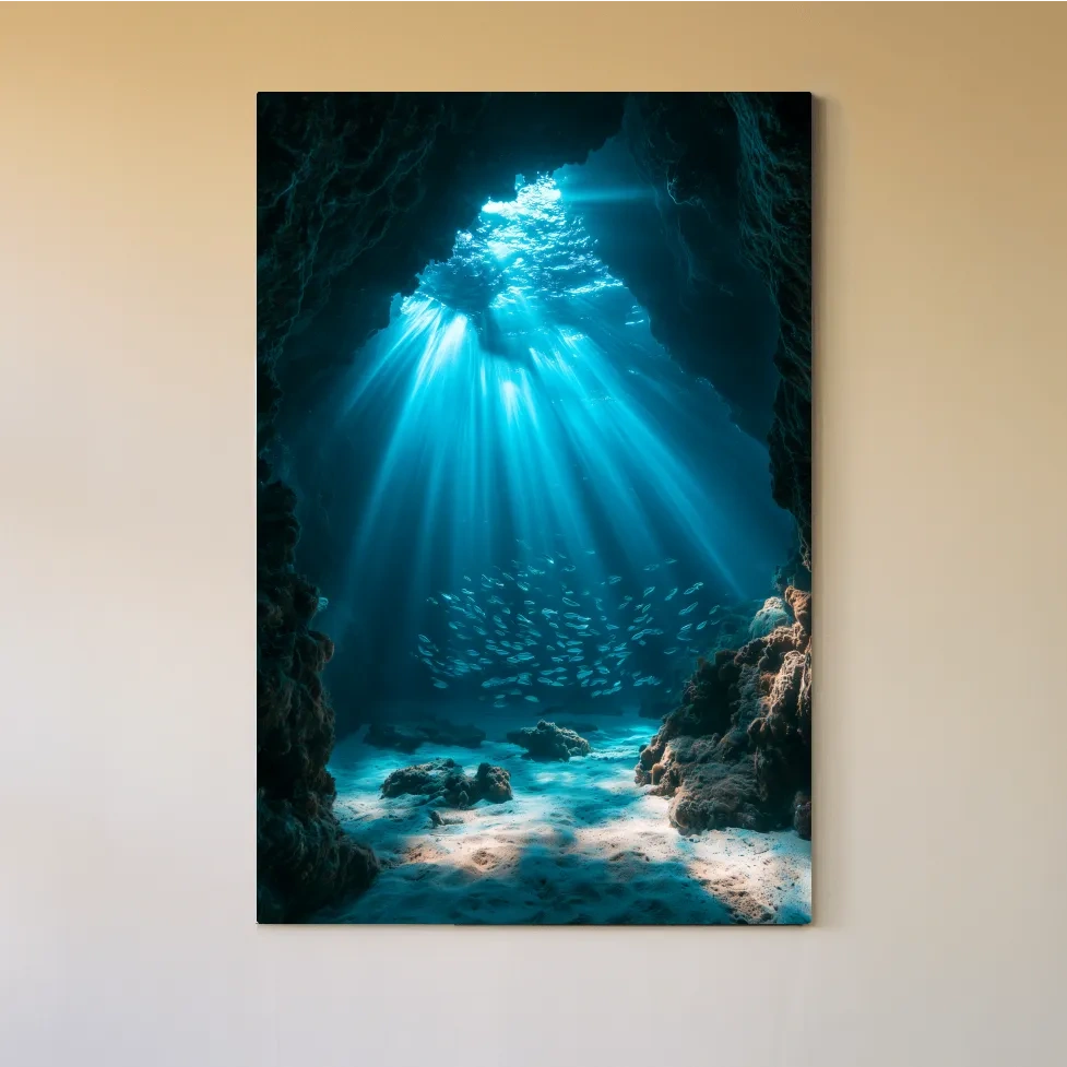 Surreal Underwater Sea Cave Sunbeams - Photographic Marine Life Wall Art