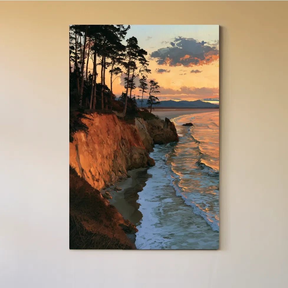 Sunset Coastal Cliffs And Pine Trees - Dramatic Ocean Landscape Painting