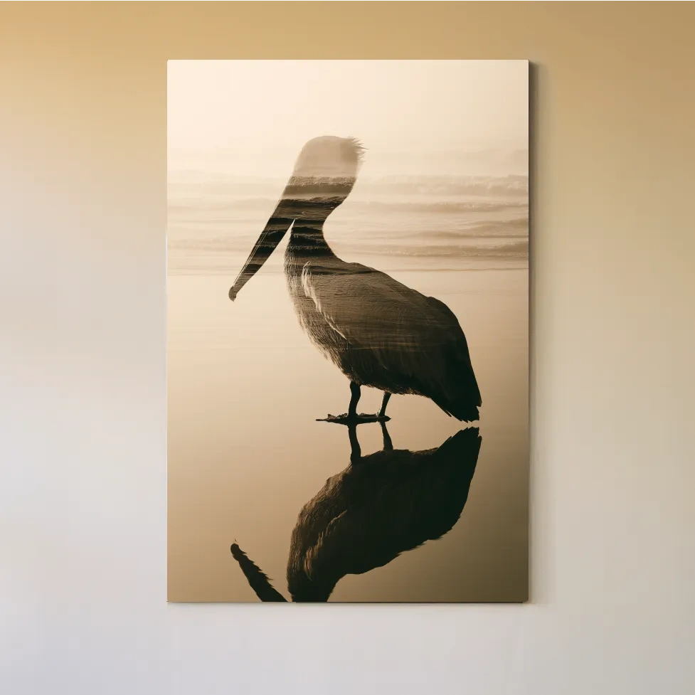 Pelican Double Exposure Silhouette - Minimalist Beach Photographic Wall Art