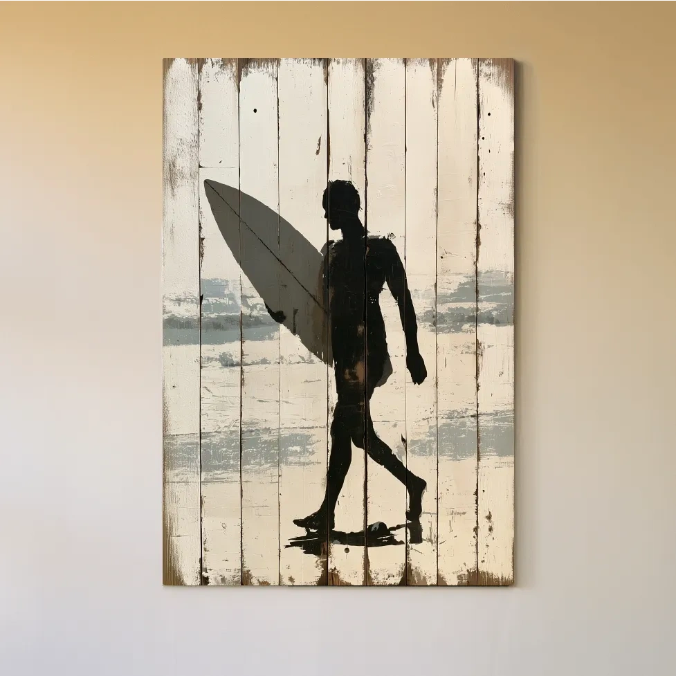 Surfer Silhouette Reclaimed Wood Painting - Rustic Beach Wall Art