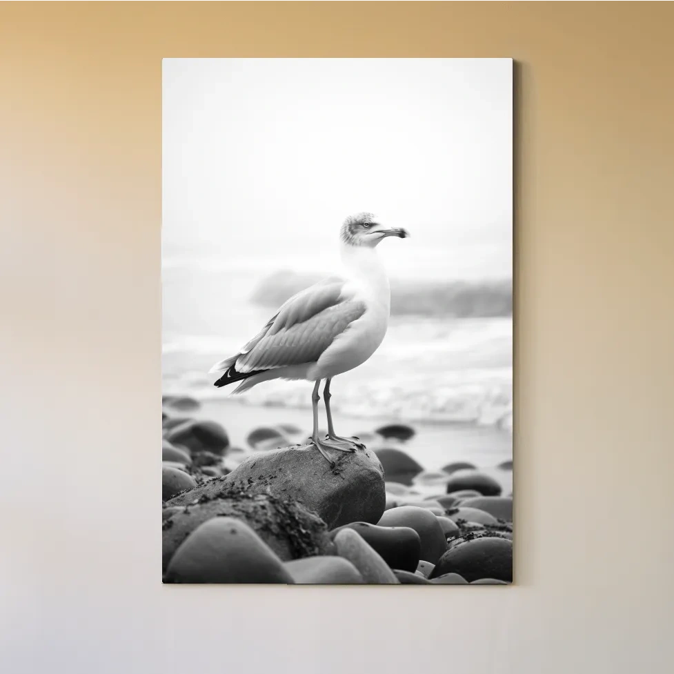 Misty Seagull On Pebble Beach - Minimalist Photographic Wall Art
