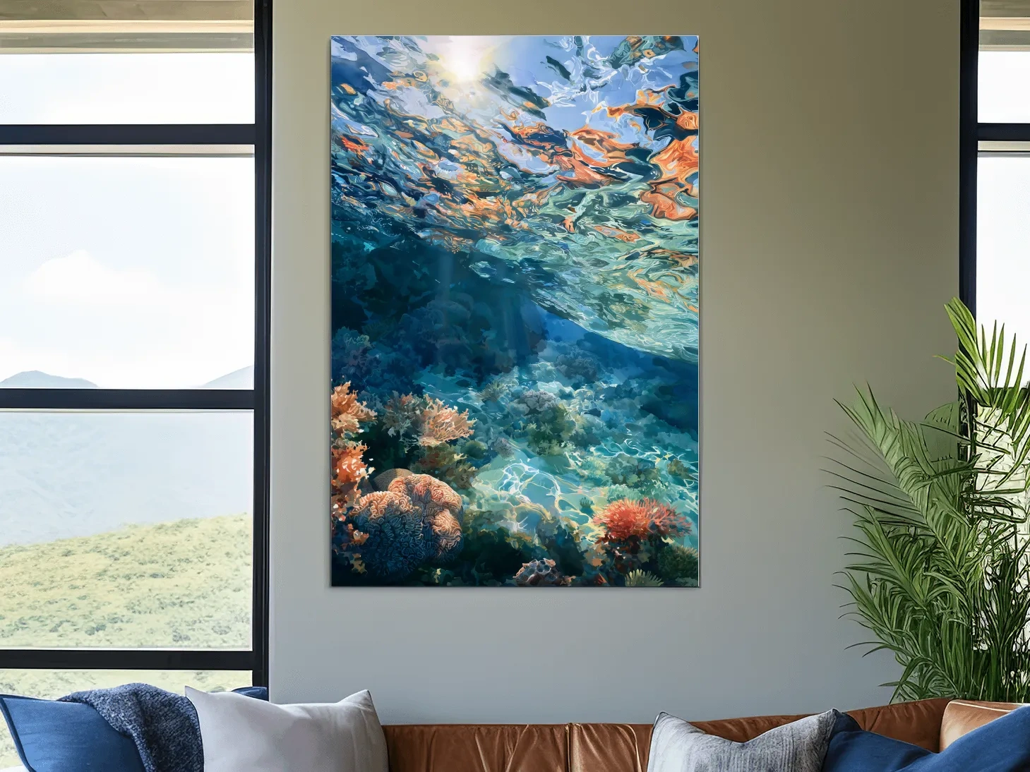 Sunlit Underwater Coral Reef Painting - Vibrant Marine Wall Art