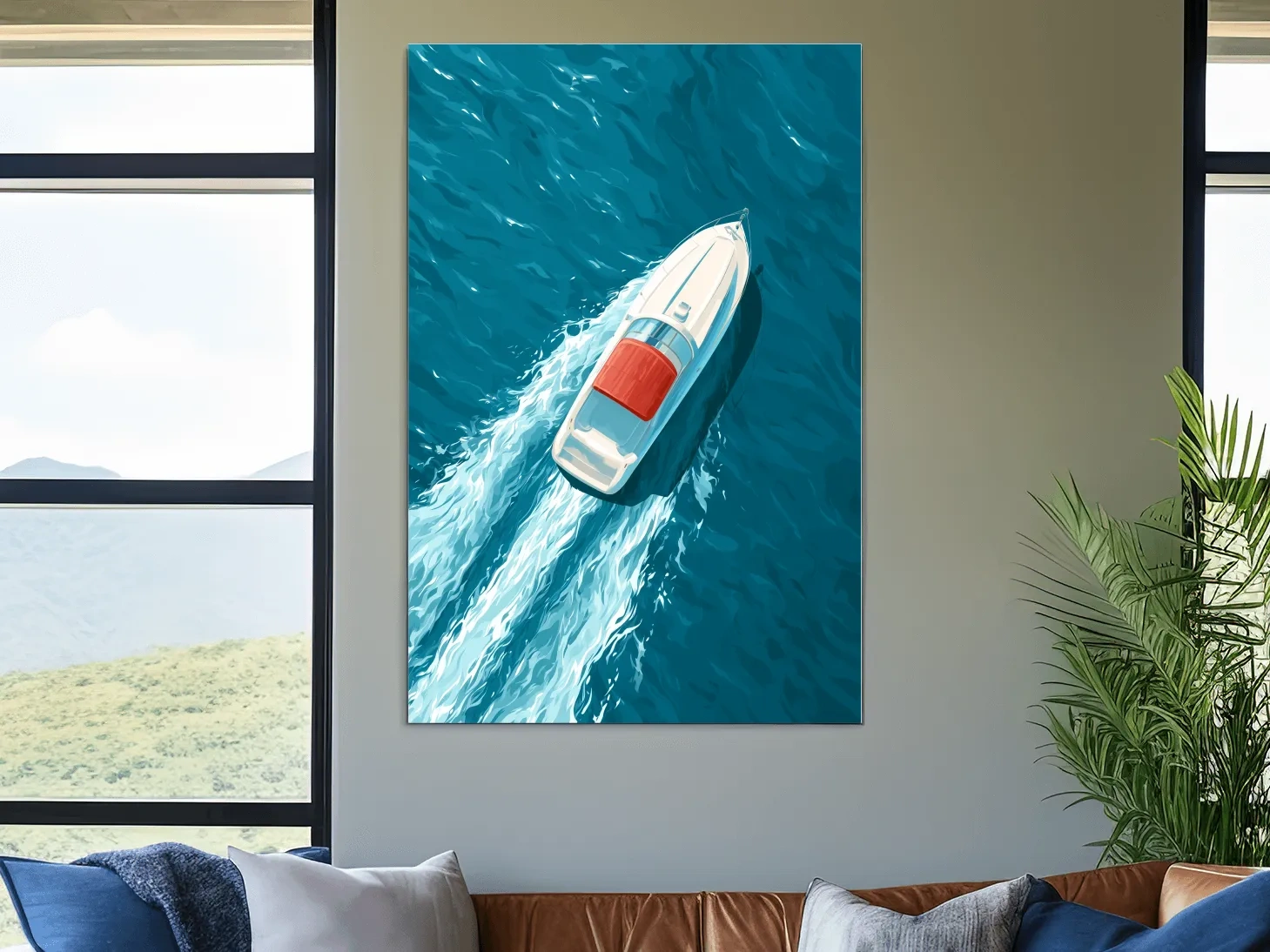 Aerial Speedboat Illustration - Mid-Century Ocean Wall Art
