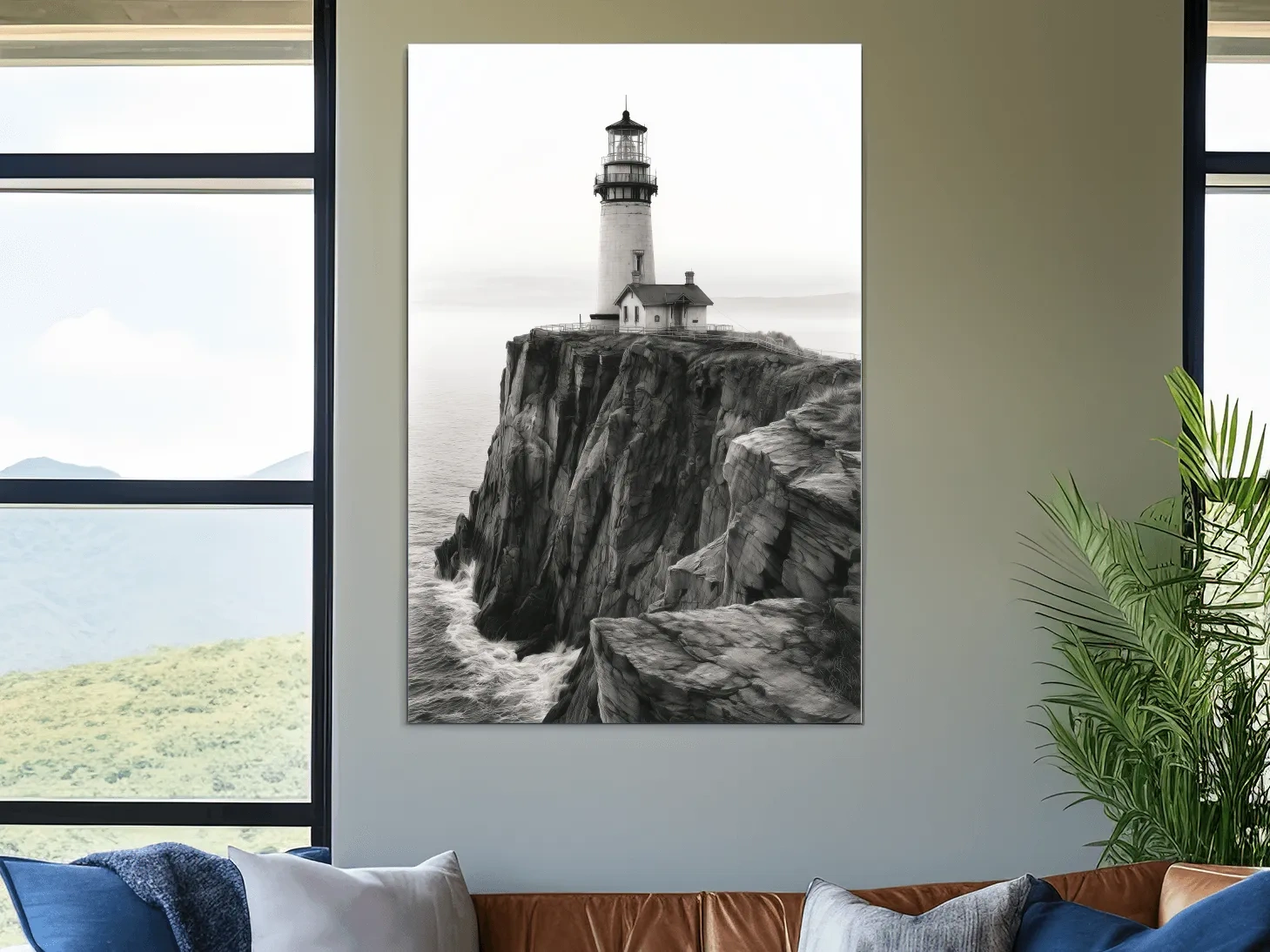 Dramatic Cliffside Lighthouse Drawing - Monochrome Coastal Wall Art