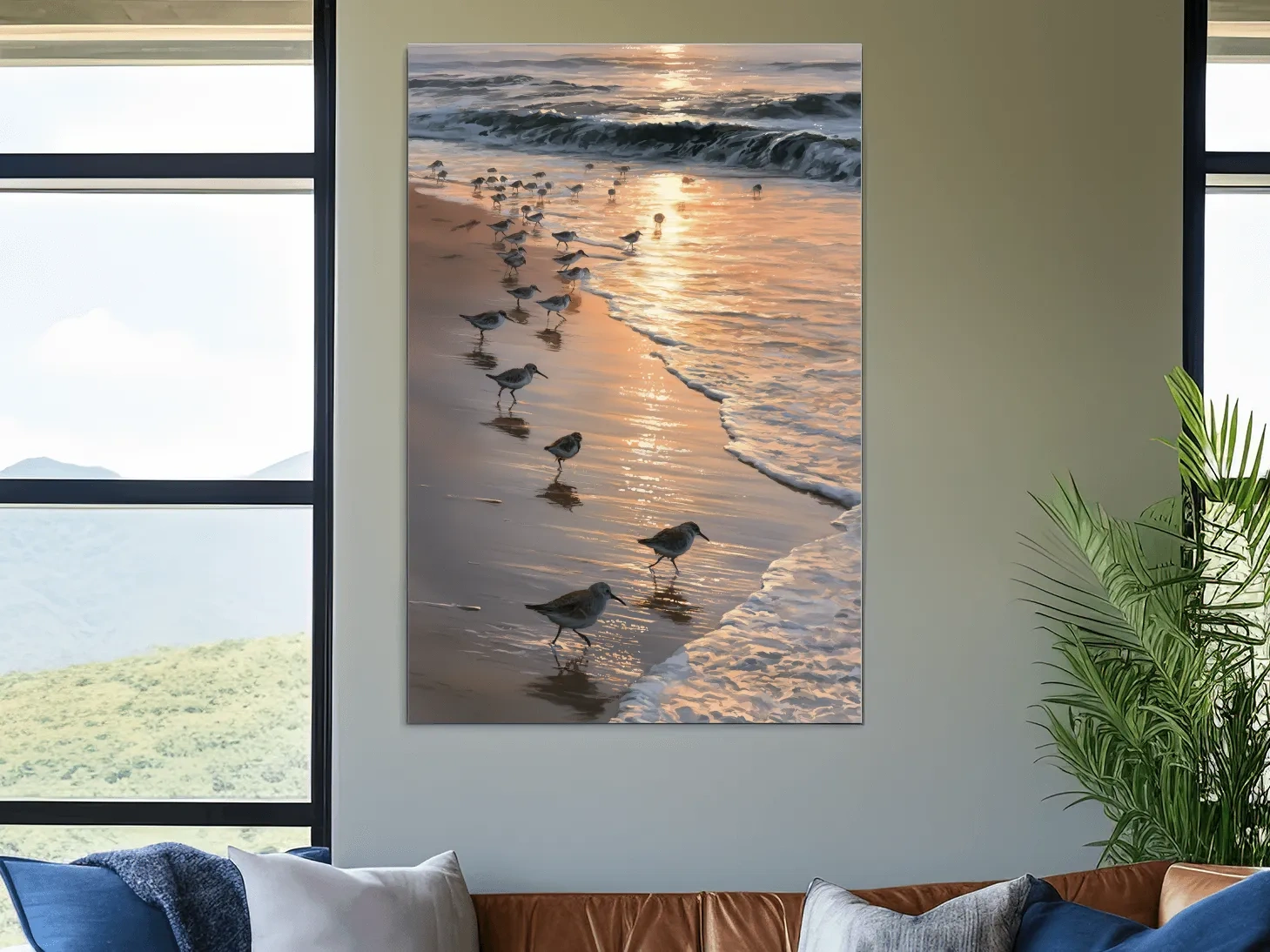 Shorebird Flock at Golden Sunset - Watercolour Beach Wall Art