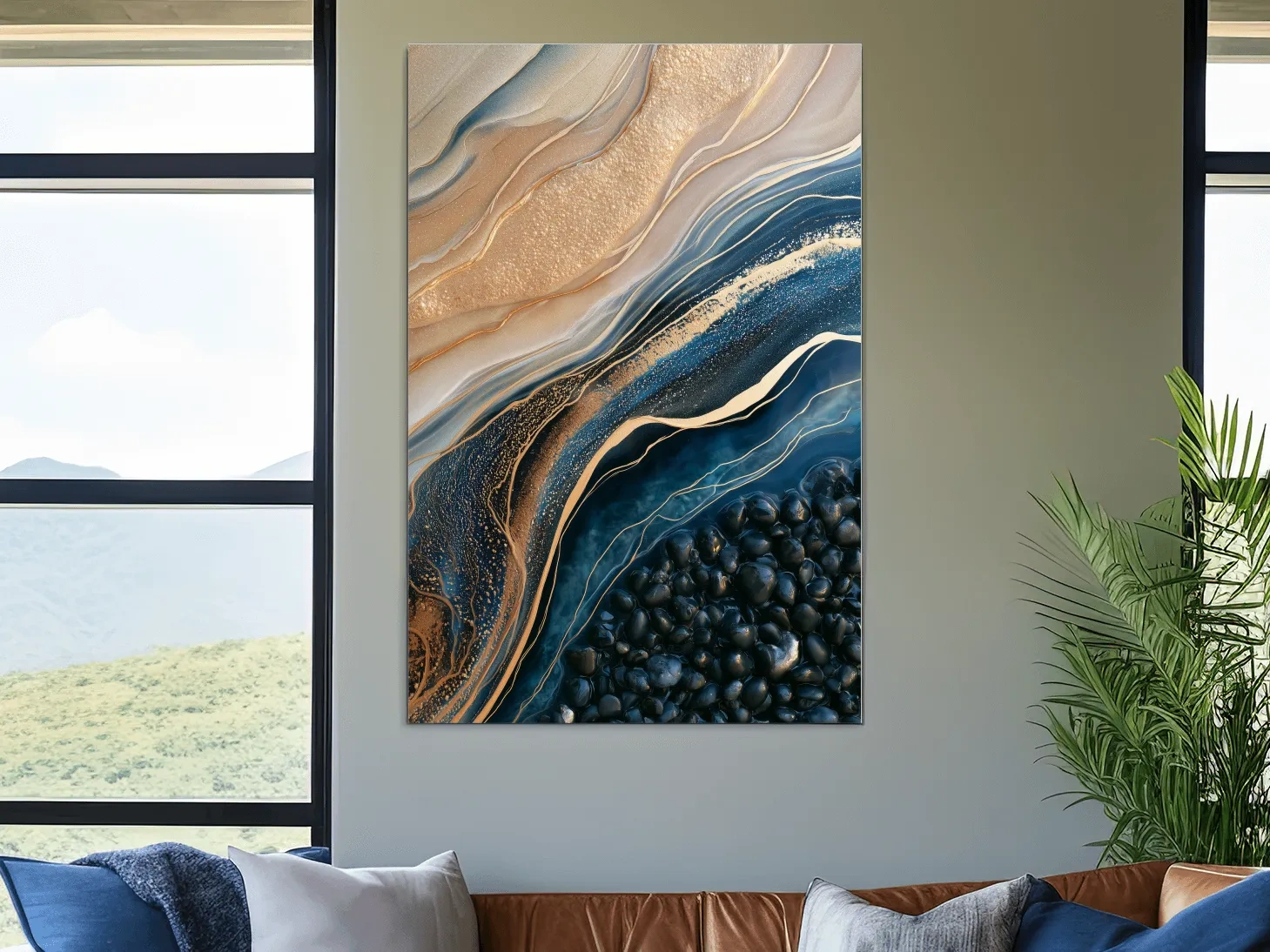 Layered Beach Strata and Pebbles - Abstract Mixed Media Wall Art