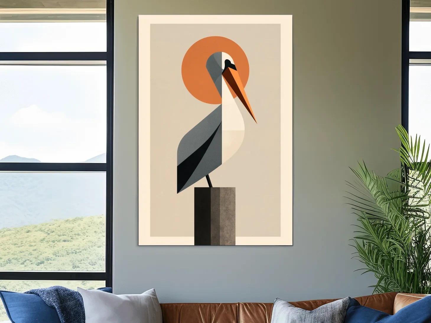 Mid-Century Geometric Pelican - Minimalist Coastal Illustration Wall Art