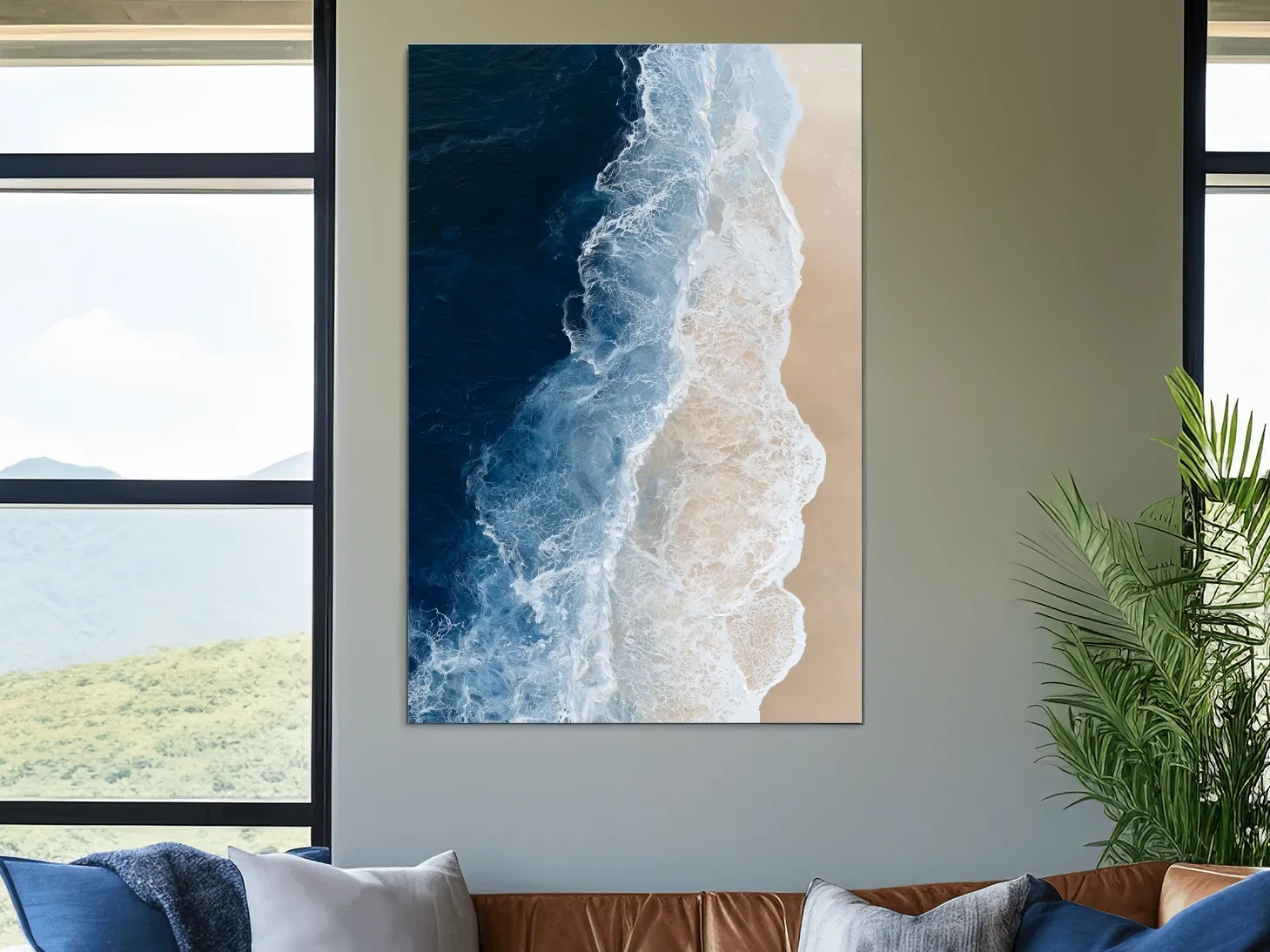 Aerial Crashing Waves Beach Painting - Abstract Ocean Wall Art
