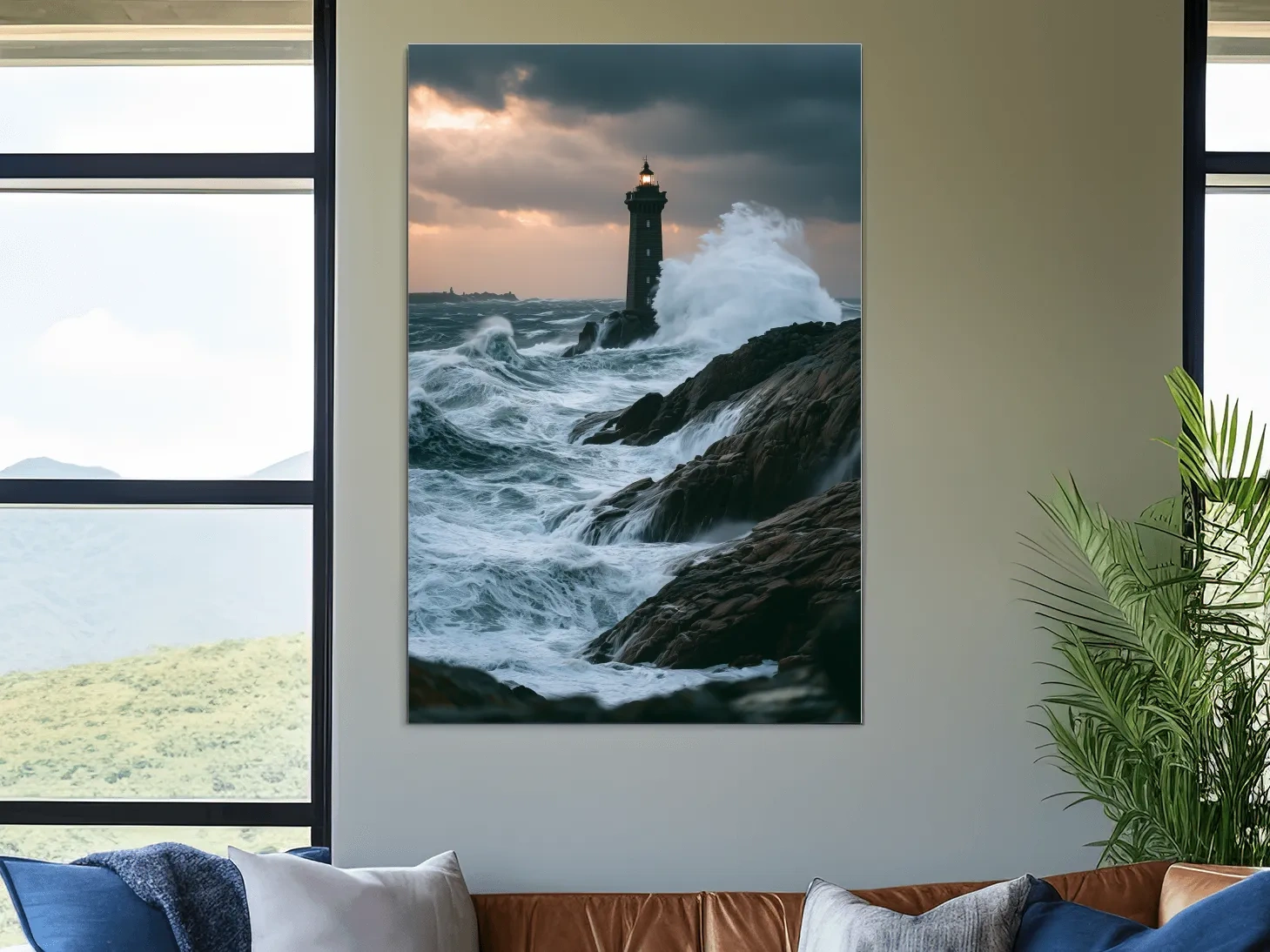 Misty Lighthouse Storm Waves - Dramatic Photographic Seascape Wall Art