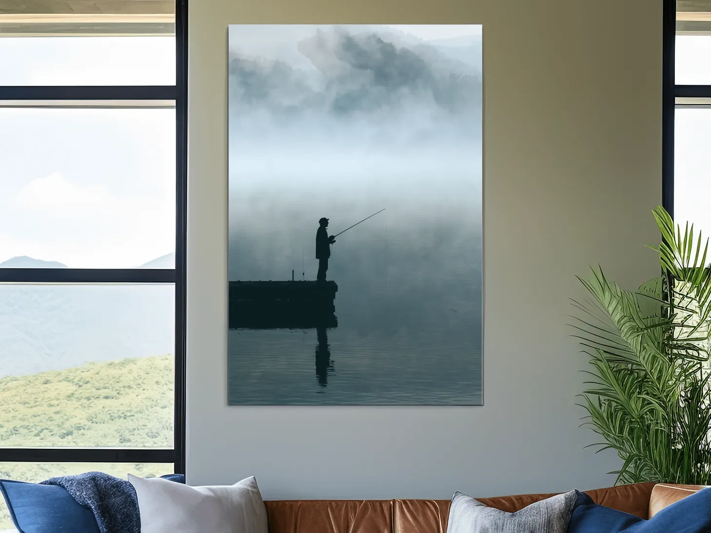Misty Fisherman Silhouette - Minimalist Photographic Lake Wall Art