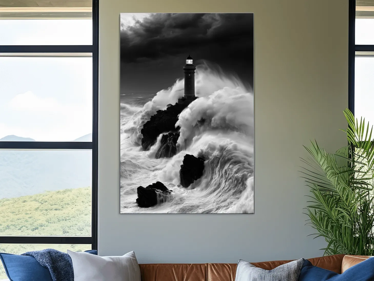 Misty Lighthouse Crashing Waves - Black And White Photographic Wall Art