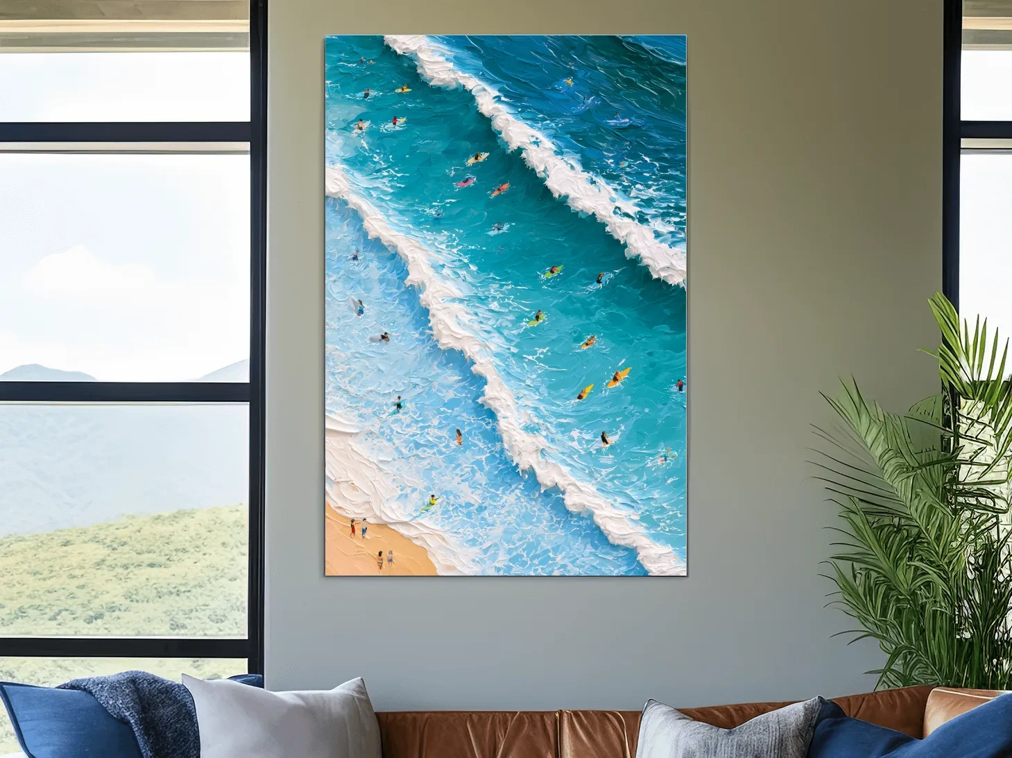 Aerial Surfing Waves Painting - Abstract Beach Wall Art