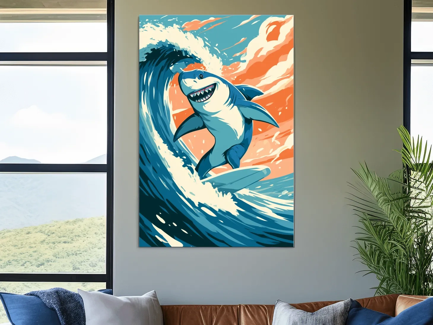 Happy Surfing Shark Vector Illustration - Quirky Marine Life Wall Art