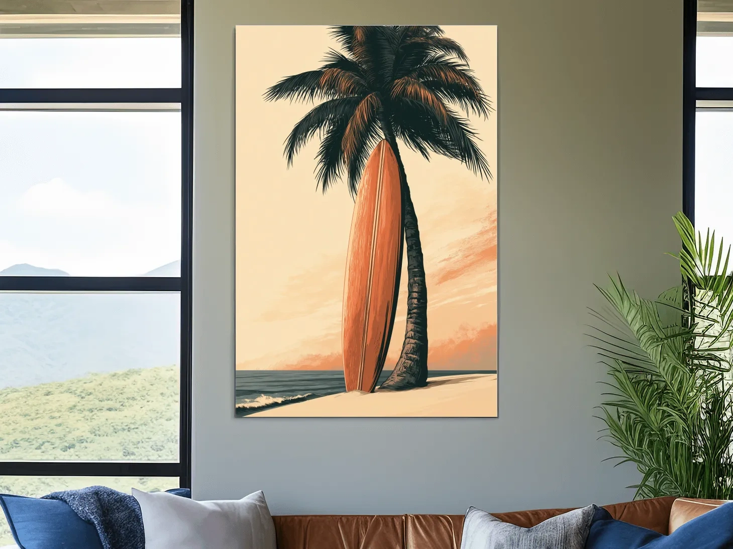Retro Surfboard Palm Tree Illustration - Boho Tropical Wall Art