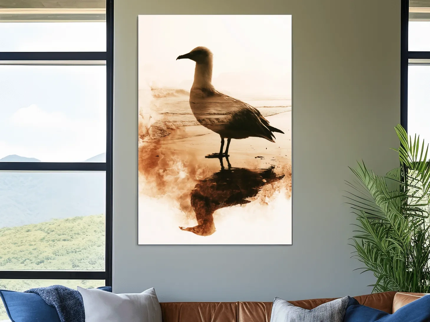 Seagull Double Exposure Beach Silhouette - Minimalist Photographic Wall Art