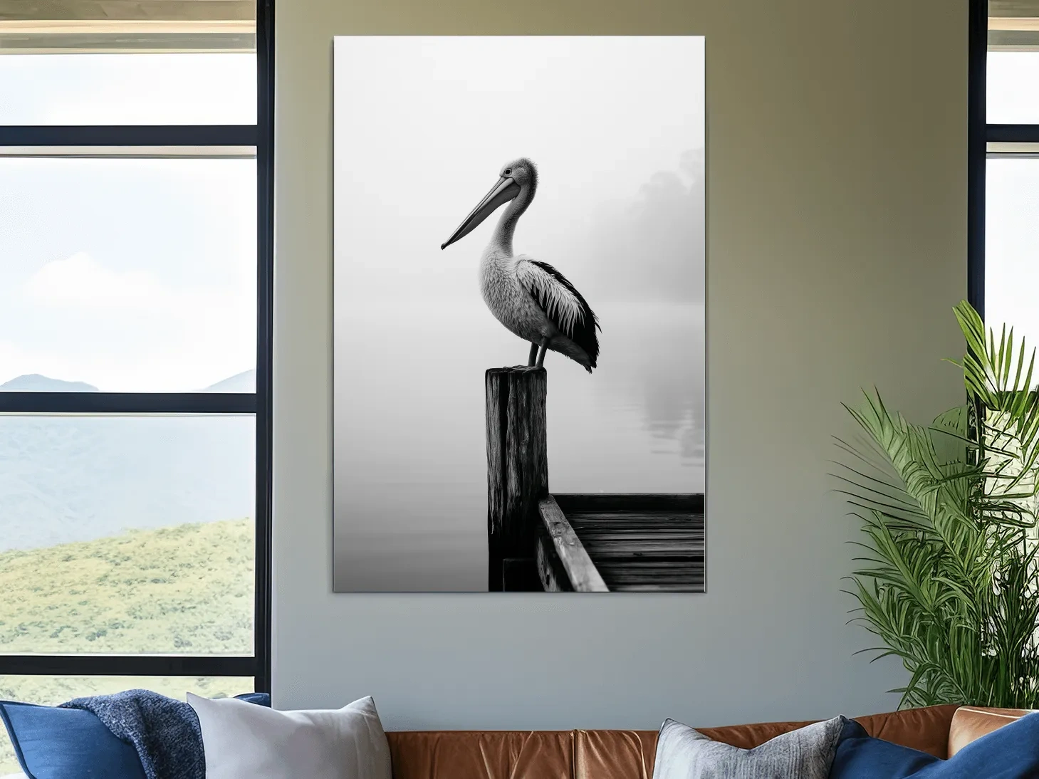 Misty Pelican On Pier - Minimalist Photographic Wall Art