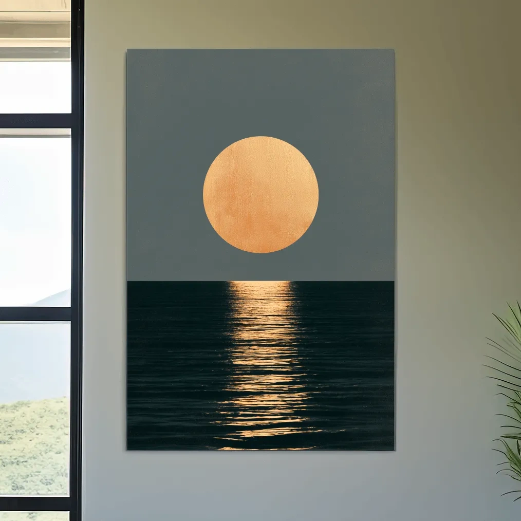 Minimalist Golden Sun Ocean Reflection - Boho Geometric Illustration Wall Art