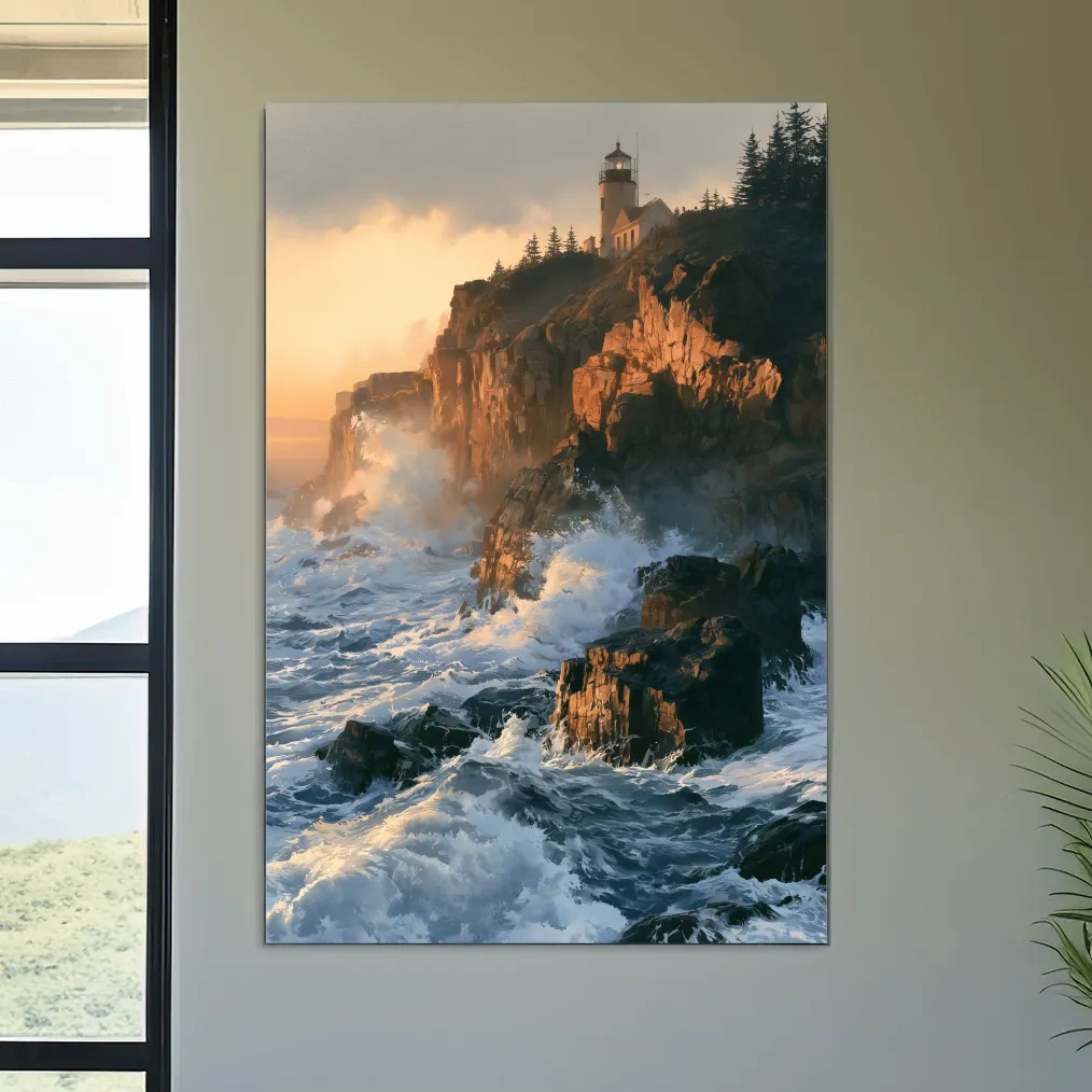 Dramatic Lighthouse Cliff Seascape - Golden Sunset Painting Wall Art