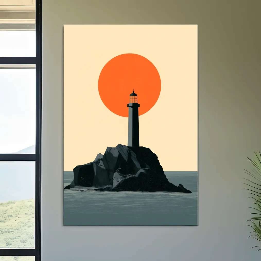 Mid-Century Lighthouse Sunset Illustration - Geometric Coastal Wall Art