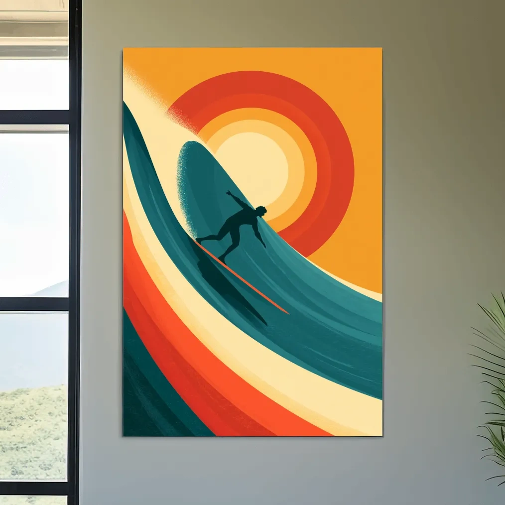 Mid-Century Surfer Wave Illustration - Retro Ocean Wall Art