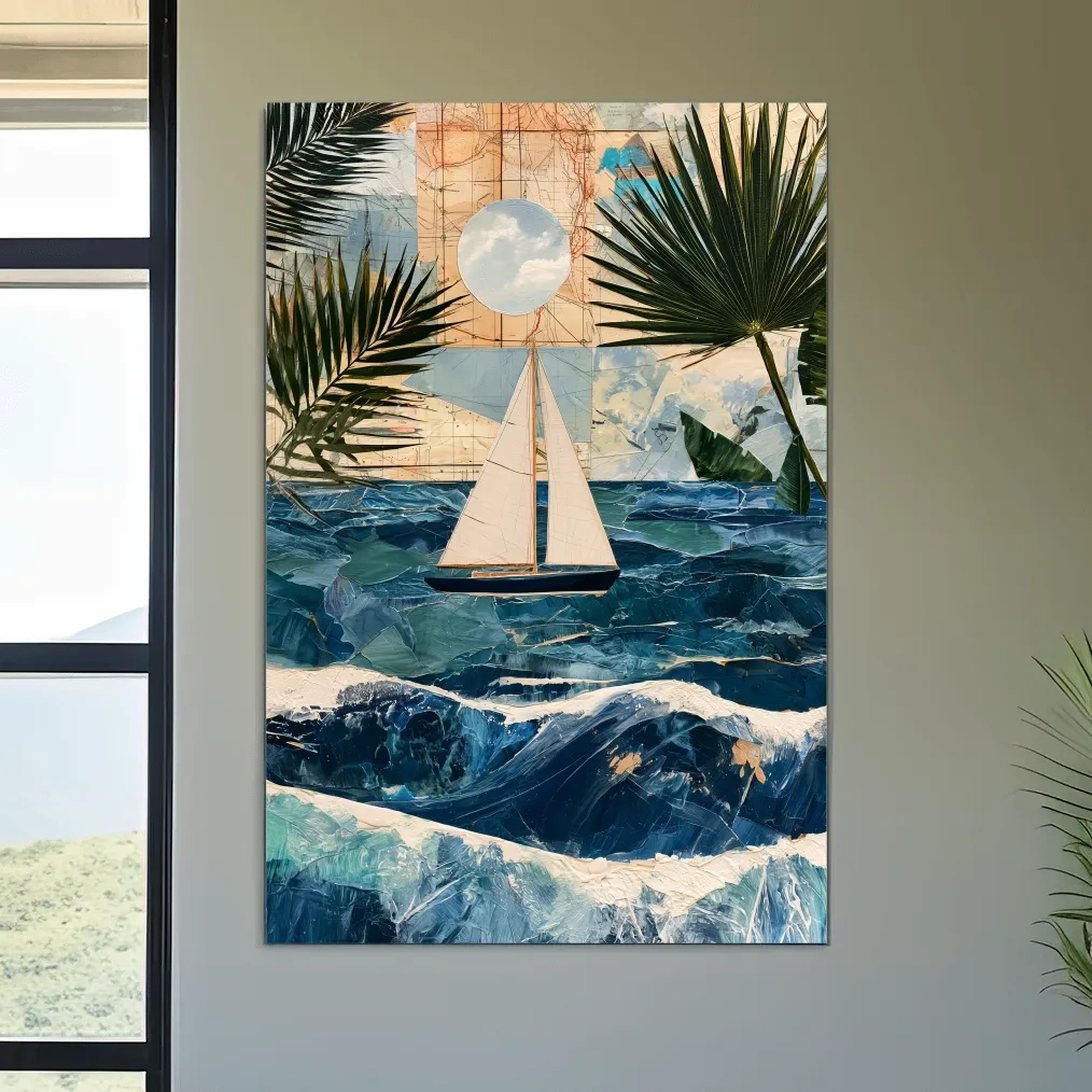 Tropical Sailboat Collage - Mixed Media Ocean Wall Art