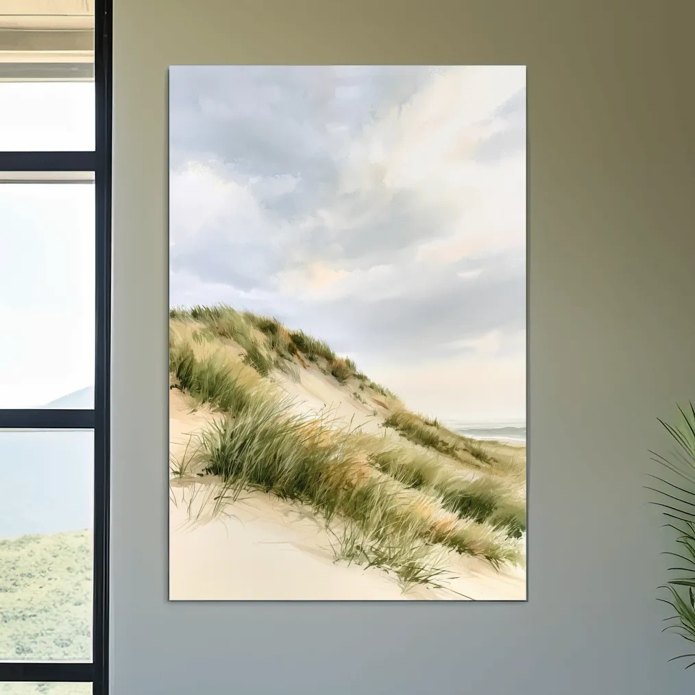 Serene Coastal Sand Dunes Watercolor - Soft Beach Landscape Wall Art
