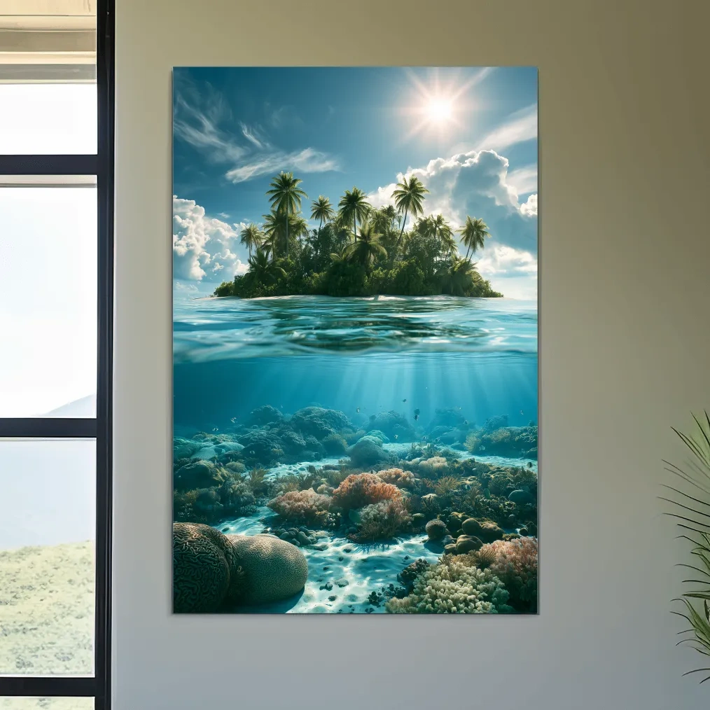 Tropical Island Coral Reef Split-Level - Surreal Photographic Underwater Wall Art