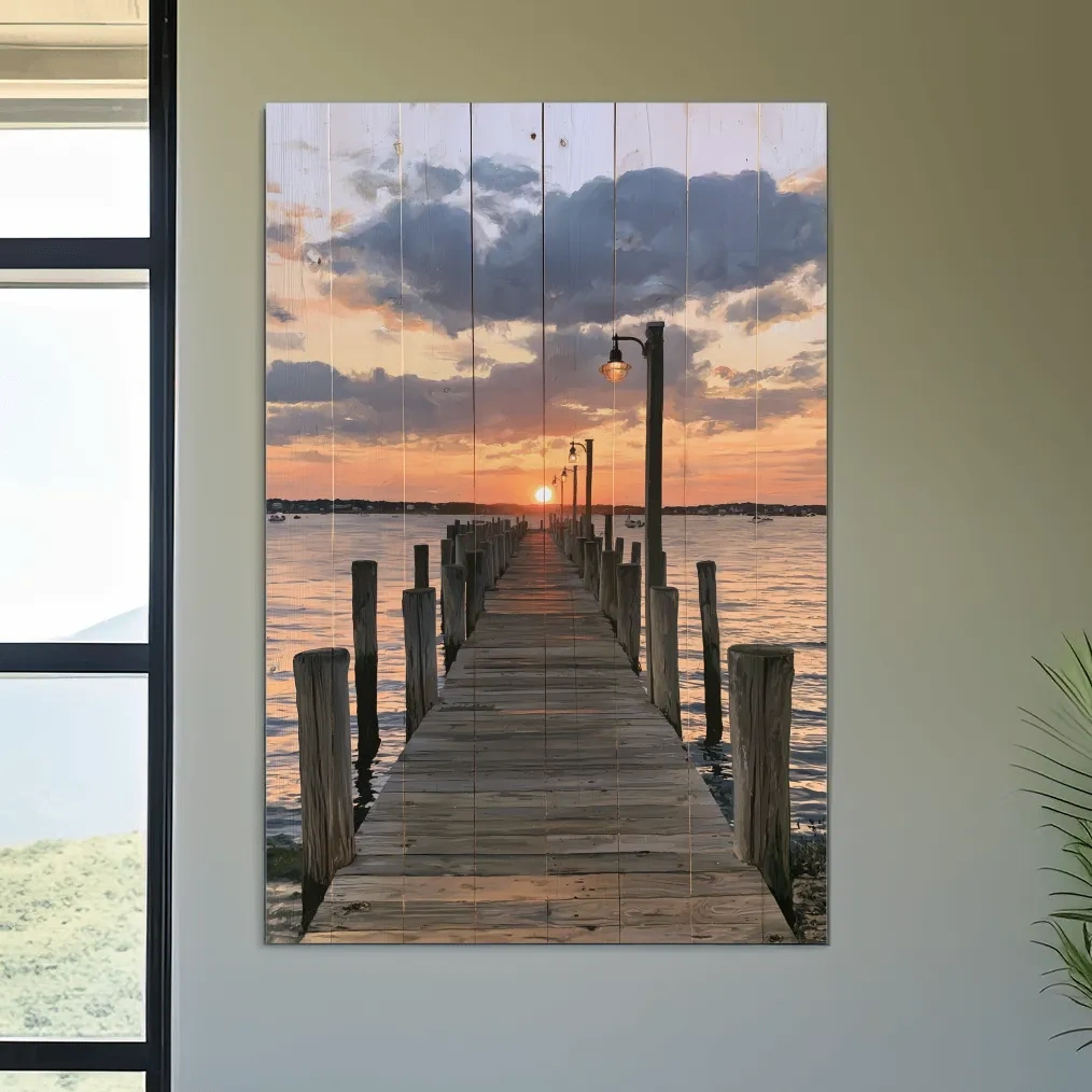 Sunset Pier Painting Reclaimed Wood Effect - Coastal Landscape Wall Art