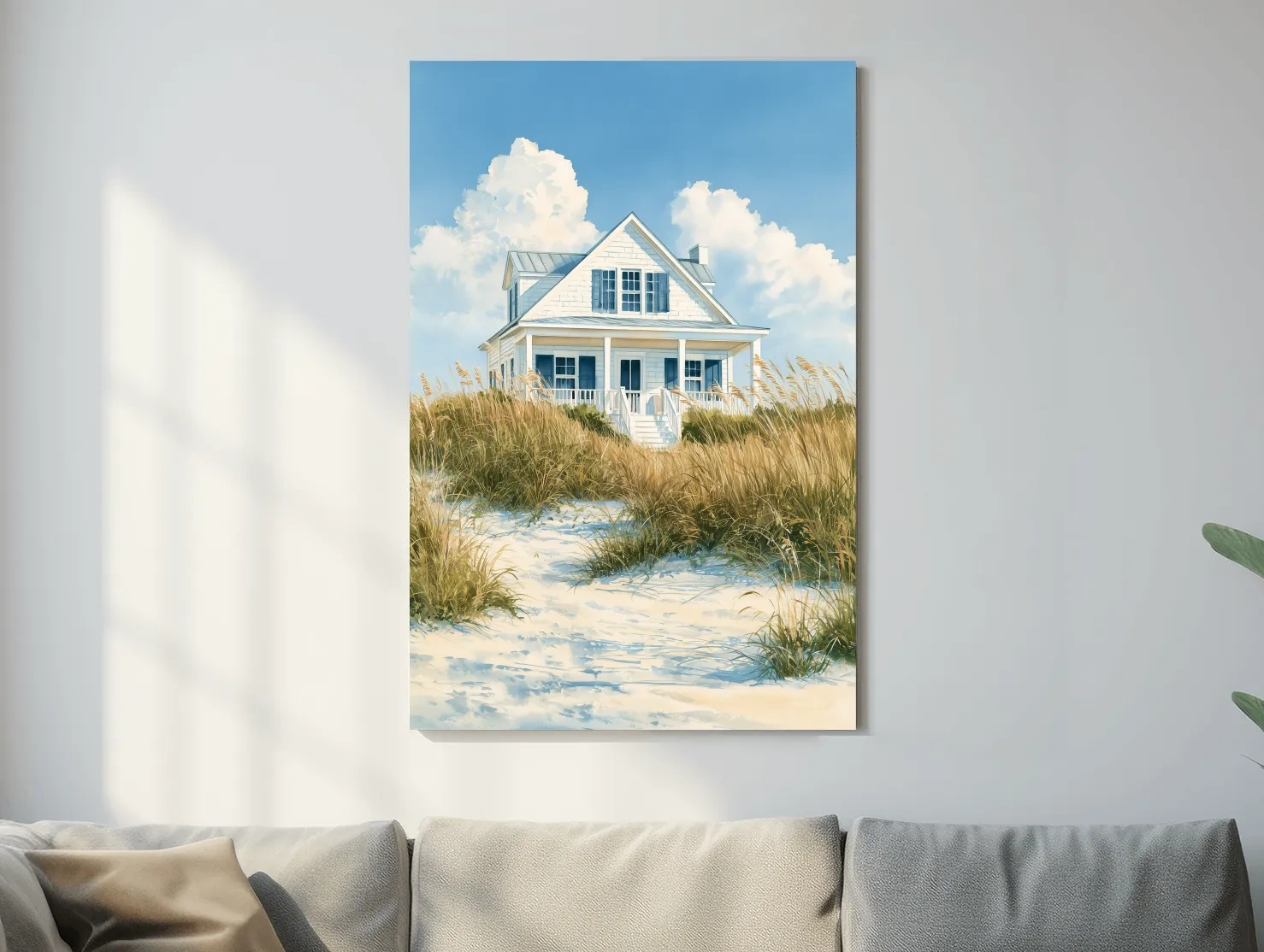 Serene Beach Cottage Painting - Coastal Dune Wall Art