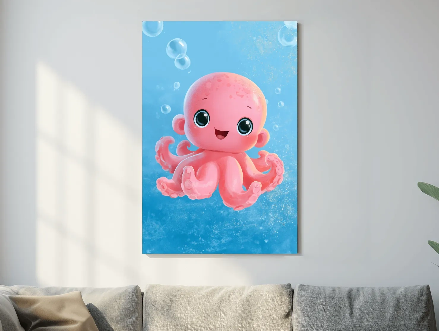 Cute Baby Octopus Underwater Illustration - Whimsical Nursery Marine Life Art
