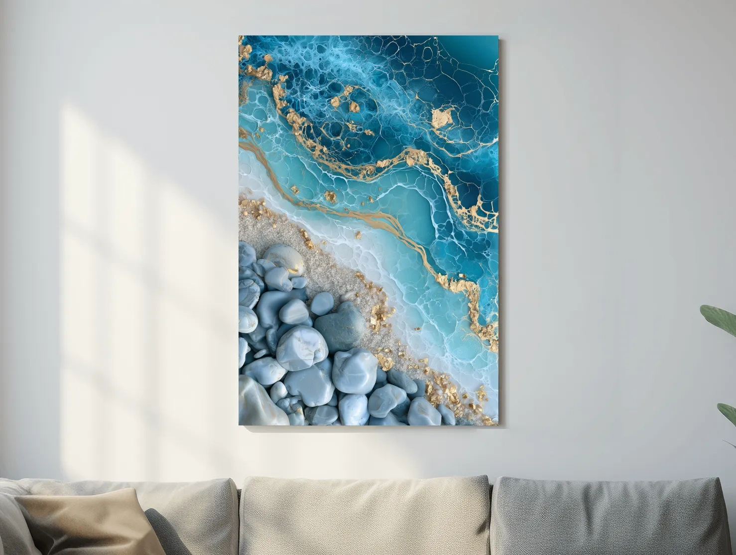 Pebble and Gold Resin Pour - Abstract Stone Wall Art