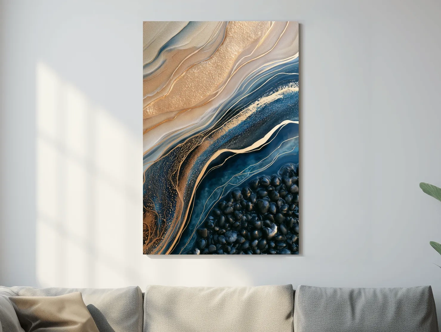Layered Beach Strata and Pebbles - Abstract Mixed Media Wall Art