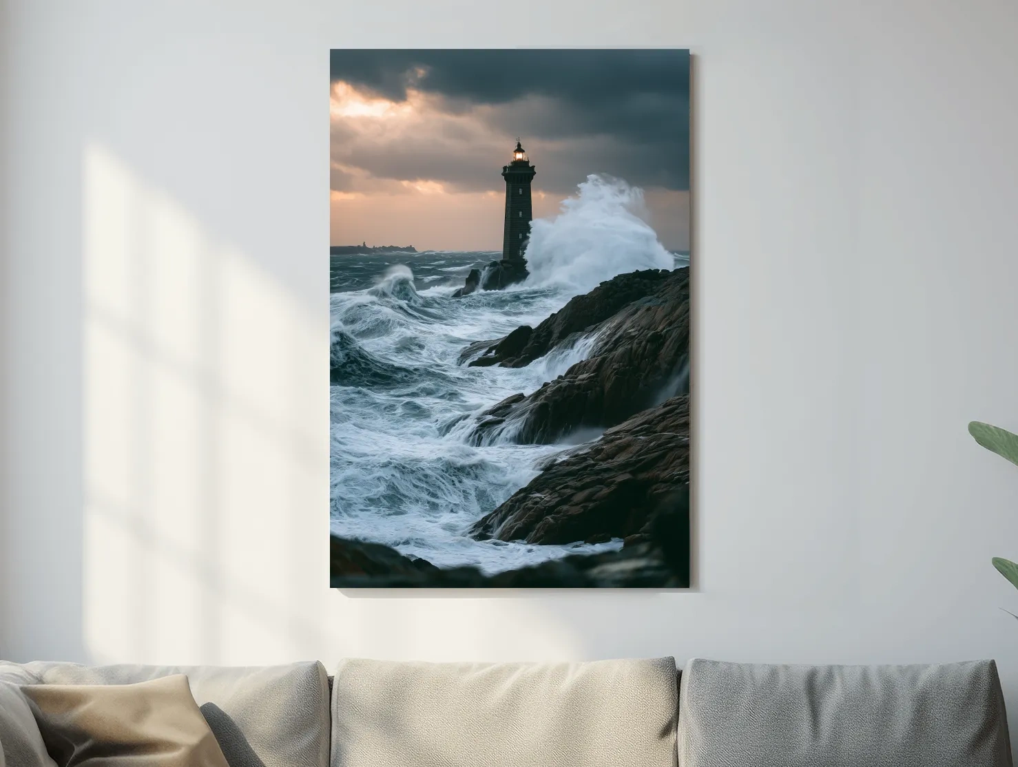 Misty Lighthouse Storm Waves - Dramatic Photographic Seascape Wall Art