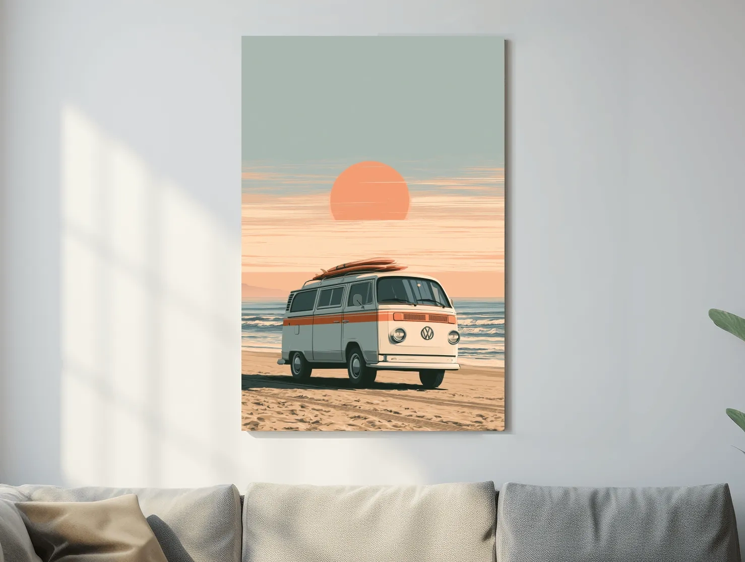 Vintage Camper Van Beach Sunset - Retro Vector Coastal Wall Art