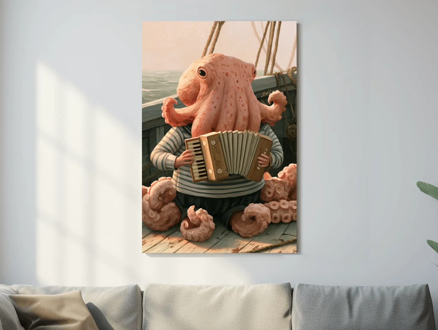 Whimsical Scandi Octopus Accordion Player - Nautical Folk Art Painting
