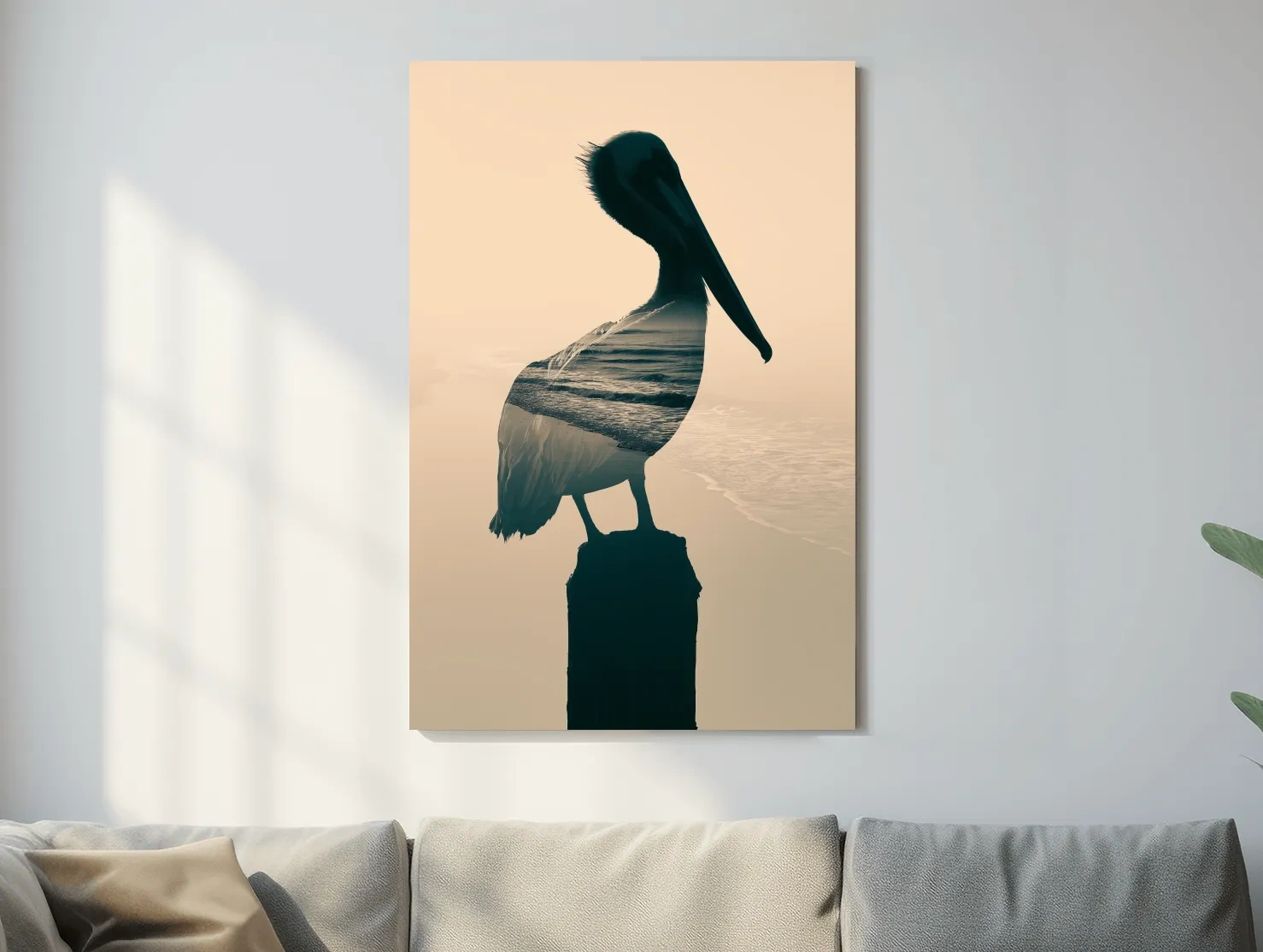 Pelican Double Exposure Silhouette - Minimalist Beach Photographic Wall Art