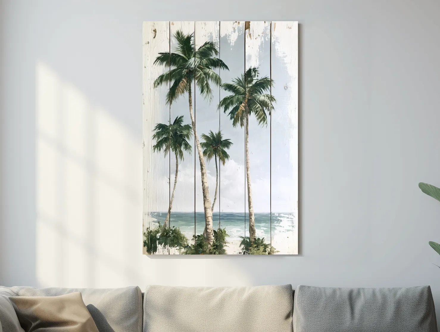 Tropical Palm Trees Beach Painting - Rustic Reclaimed Wood Effect Wall Art