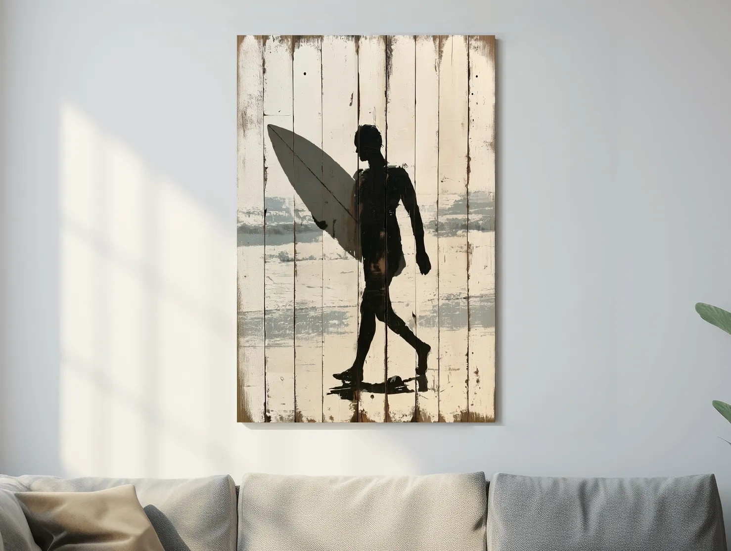 Surfer Silhouette Reclaimed Wood Painting - Rustic Beach Wall Art