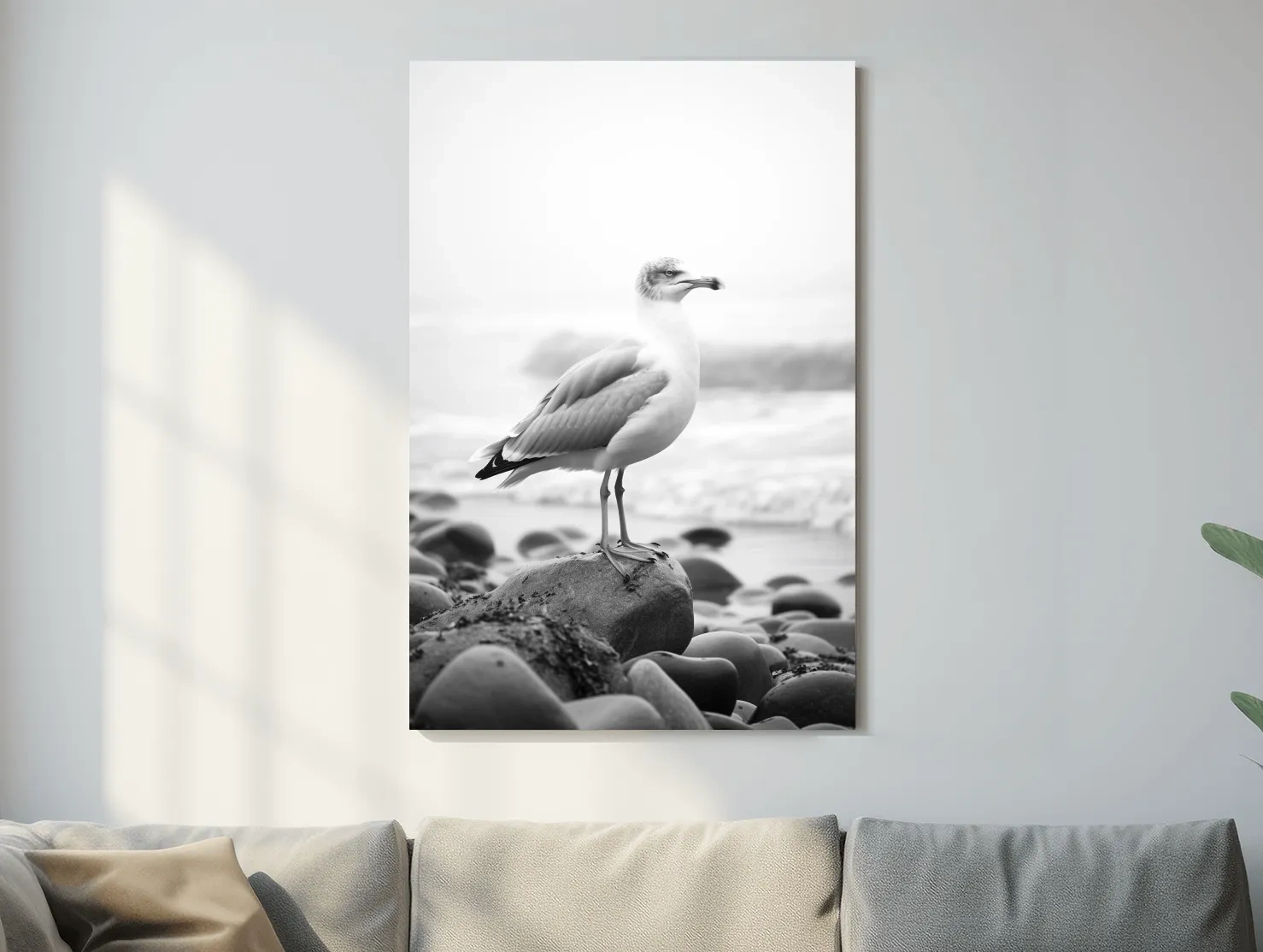 Misty Seagull On Pebble Beach - Minimalist Photographic Wall Art