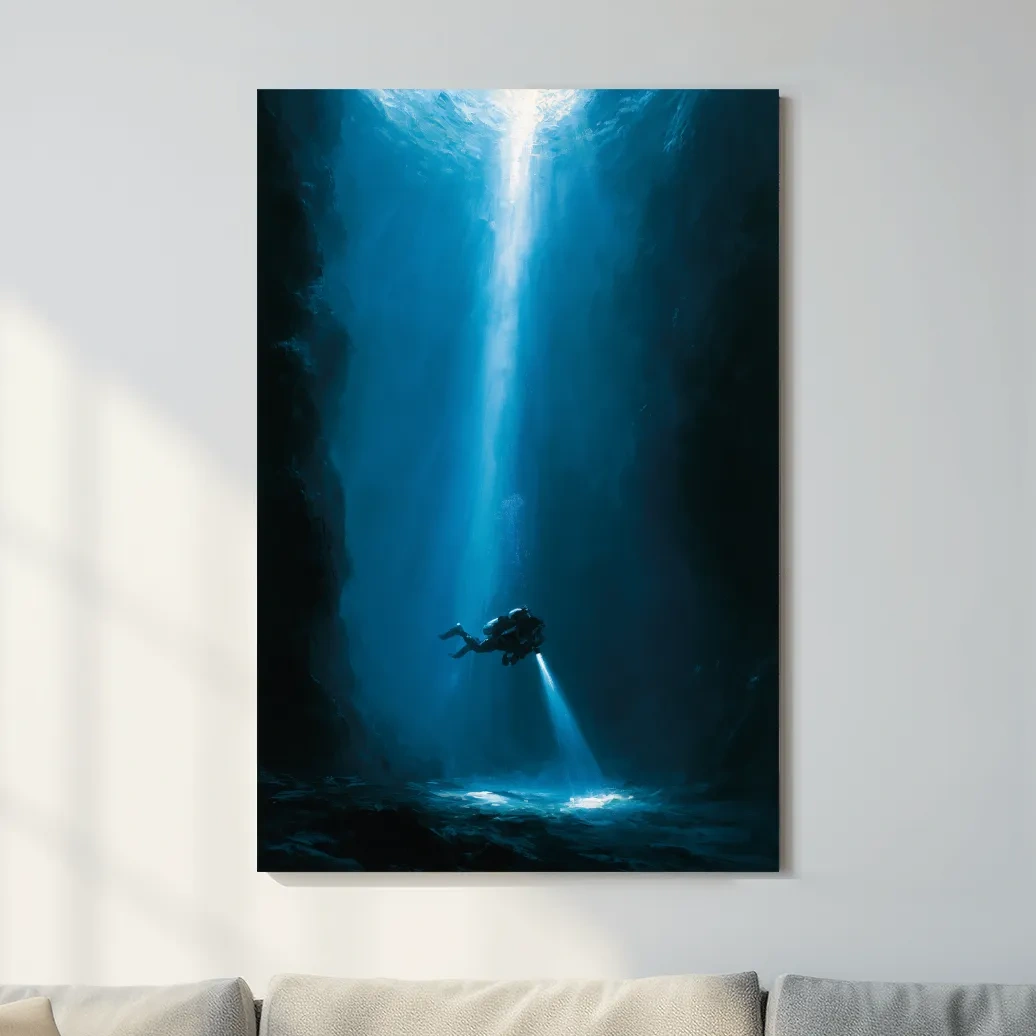 Surreal Underwater Scuba Diver Painting - Dramatic Deep Sea Wall Art