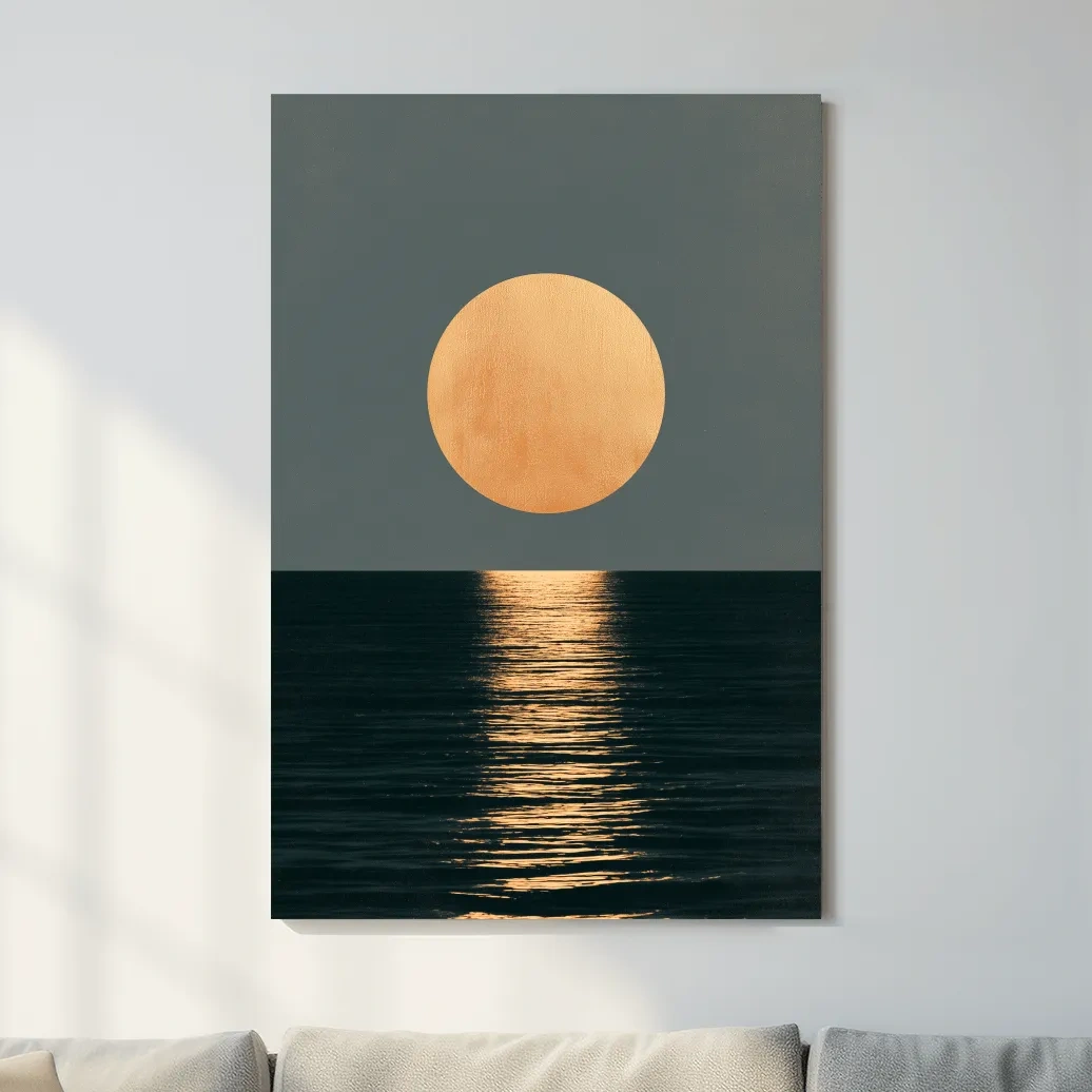 Minimalist Golden Sun Ocean Reflection - Boho Geometric Illustration Wall Art