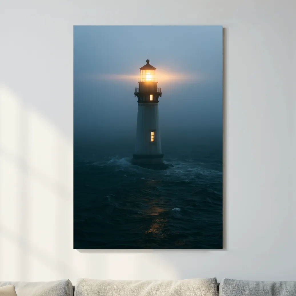 Misty Lighthouse Beacon - Dramatic Ocean Photographic Wall Art