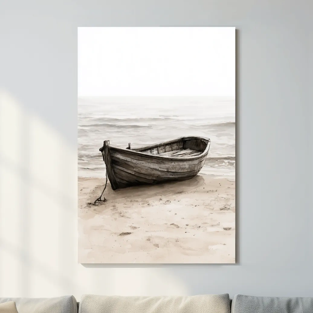 Misty Weathered Rowboat - Minimalist Watercolour Beach Wall Art