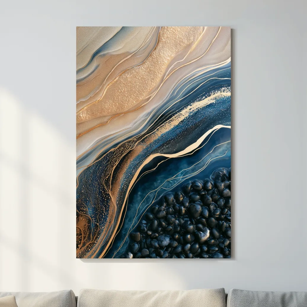 Layered Beach Strata and Pebbles - Abstract Mixed Media Wall Art
