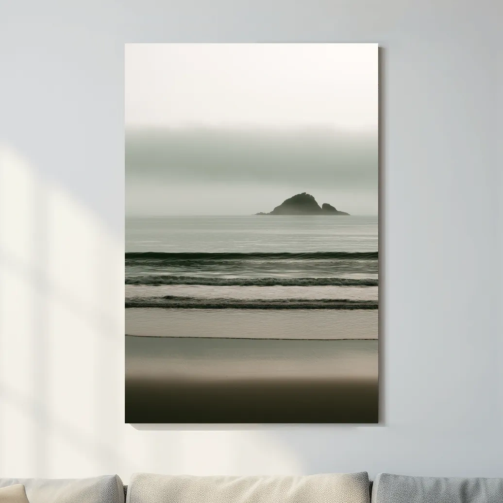Misty Island Beach Horizon - Minimalist Photographic Wall Art