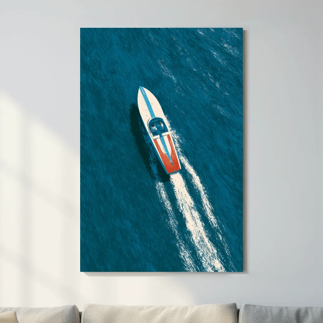 Aerial Speedboat Wake Illustration - Mid-Century Ocean Wall Art