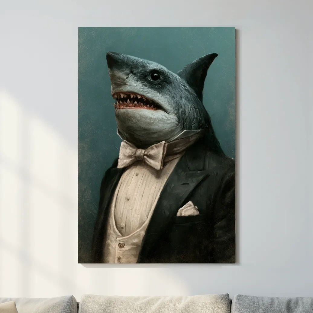 Quirky Shark in Tuxedo Painting - Whimsical Marine Life Wall Art