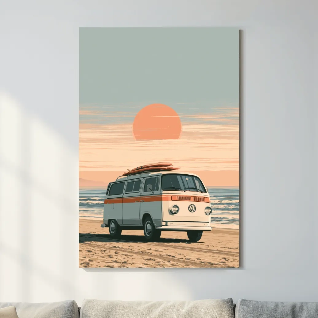 Vintage Camper Van Beach Sunset - Retro Vector Coastal Wall Art